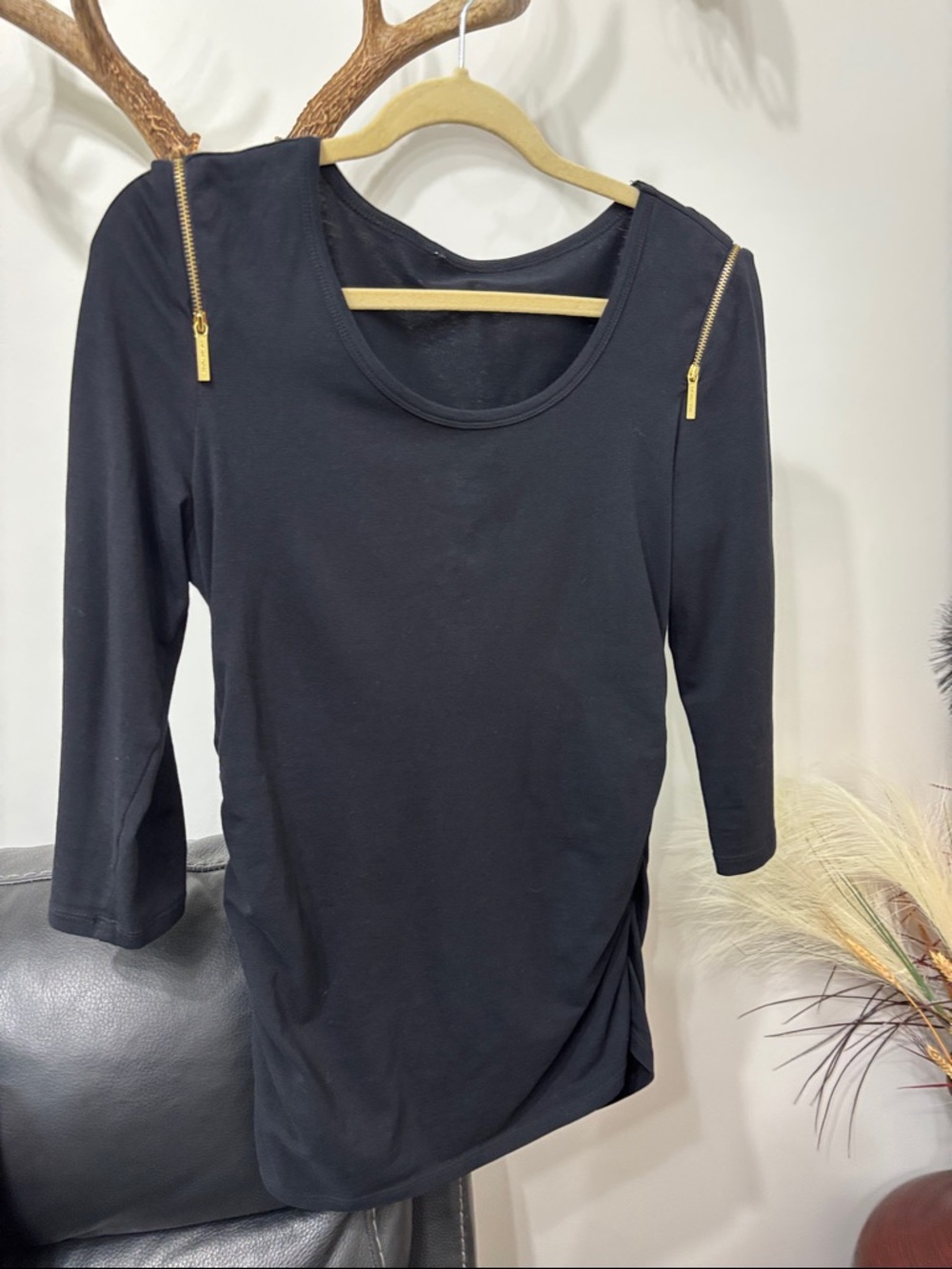 Michael Kors Black Scoop Neck Long Sleeve Top with Gold Shoulder Zippers